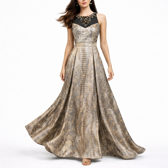Badgley Mischka Gold Metallic Beaded Evening Gown Prom Dress 6 MSRP $1850 NWT - Picture 9 of 12